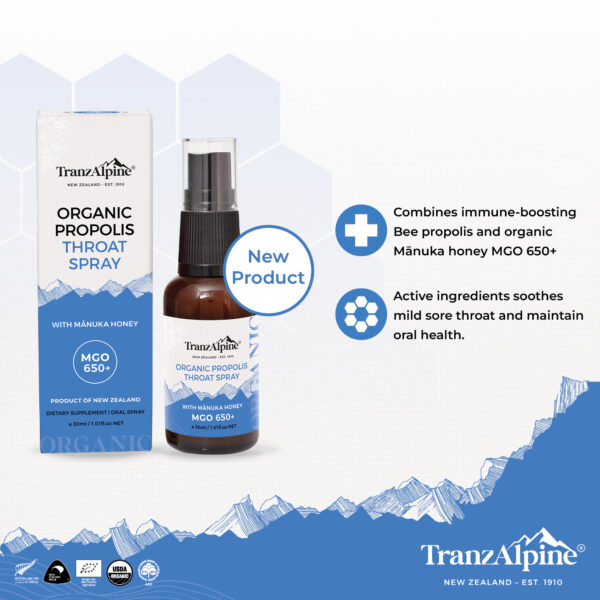 Organic propolis throat spray with Manuka honey MGO650+